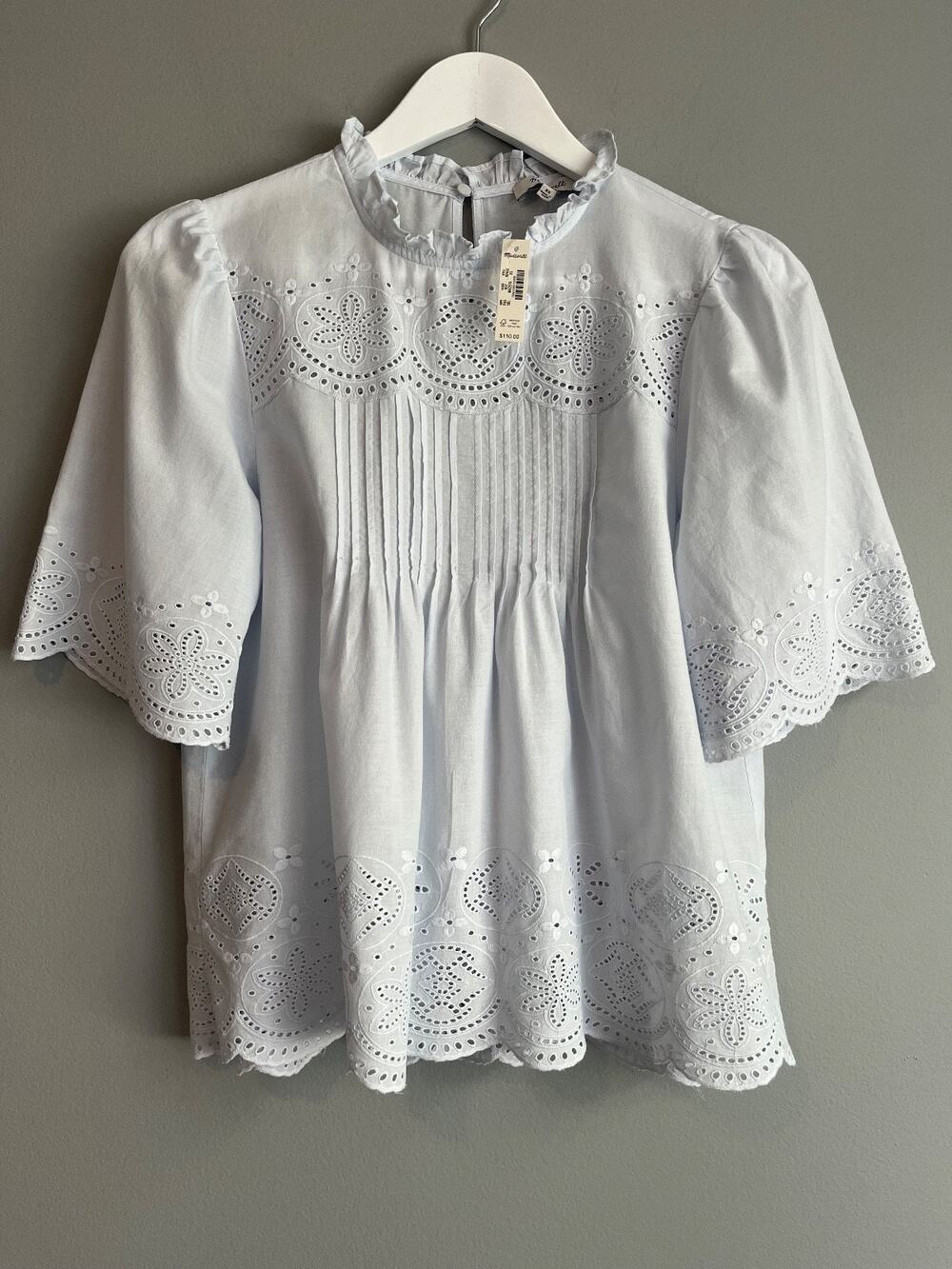 Madewell XS Blue Eyelet Embroidered Pintuck Blouse NWT $110 Cottage Fairycore